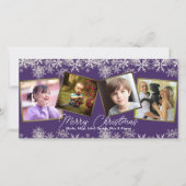 紫色の雪片4枚の写真ファミリークリスマス シーズンカード (正面)
