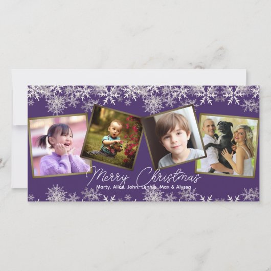 紫色の雪片4枚の写真ファミリークリスマス シーズンカード (正面)