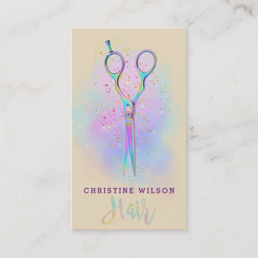 紫色の雲のヘアスタイルのはさみグリッター 名刺 (正面)