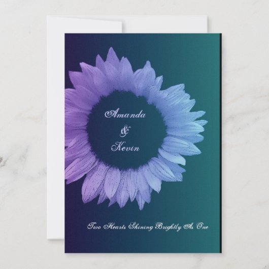 紫色の青いティール(緑がかった色)によって着色されるヒマワリの結婚式 招待状 (裏面)