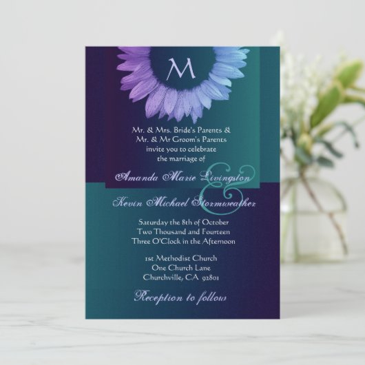 紫色の青いティール(緑がかった色)によって着色されるヒマワリの結婚式 招待状 (スタンド正面)
