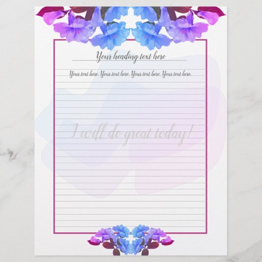 紫色の青いトランペットの花が付いたレターヘッド レターヘッド (正面)