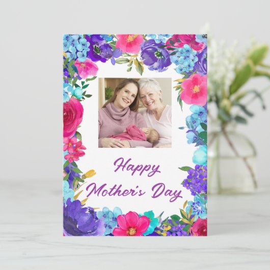紫色の青いピンクのフローラ写真マザーズデイカード (スタンド正面)