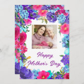 紫色の青いピンクのフローラ写真マザーズデイカード (正面/裏面)
