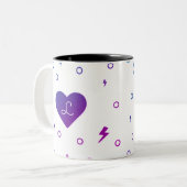 紫色の青い勾配のハートおよび軽減はコップをボルトで固定します ツートーンマグカップ (正面左)