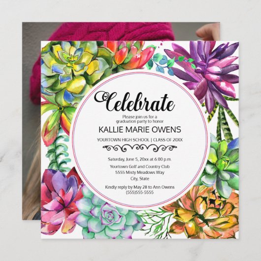 紫色の青い多肉植物卒業写真 招待状 (正面/裏面)