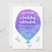 紫色の青い気球の誕生日の招待状 招待状 (正面)