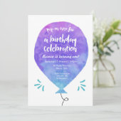 紫色の青い気球の誕生日の招待状 招待状 (スタンド正面)