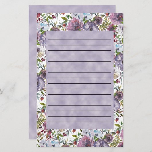 紫色の青い水色のフローラが並ぶ 便箋 (正面/裏面)