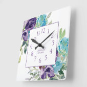 紫色の青い水色のフローラホワイトネーム スクエア壁時計 (傾斜)