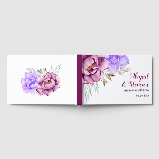 紫色の青い水色の花のフローラ結婚の ゲストブック (全面)