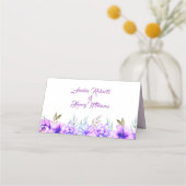 紫色の青い水色の花のフローラ結婚の プレイスカード (裏面)
