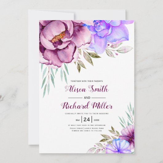 紫色の青い水色の花のフローラ結婚の 招待状 (正面)