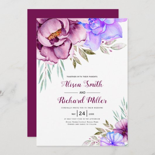 紫色の青い水色の花のフローラ結婚の 招待状 (正面/裏面)