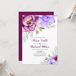 紫色の青い水色の花のフローラ結婚の 招待状
