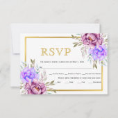 紫色の青い水色の花の金ゴールド結婚フレーム 出欠カード (正面)