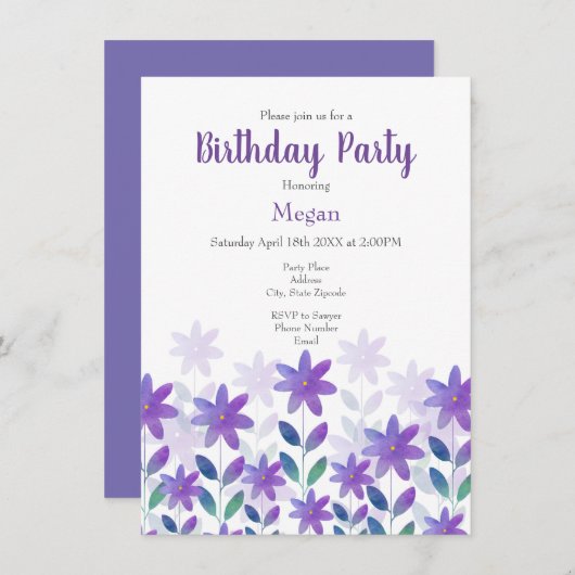紫色の青い緑の水色の花の庭インビタット 招待状 (正面/裏面)