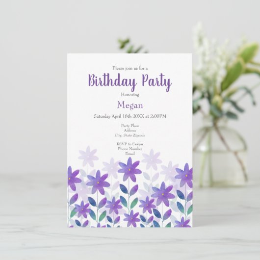 紫色の青い緑の水色の花の庭インビタット 招待状 (スタンド正面)