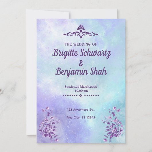 紫色の青い美学結婚式招待状 招待状 (正面)