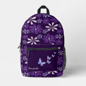 紫色の青い花のドードルパターン プリントバックパック (正面)