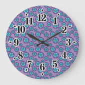 紫色の青い花のパターン ラージ壁時計 (正面)
