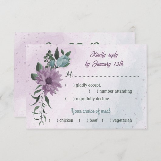 紫色の青い花の植物性の食事の選択 出欠カード (正面/裏面)