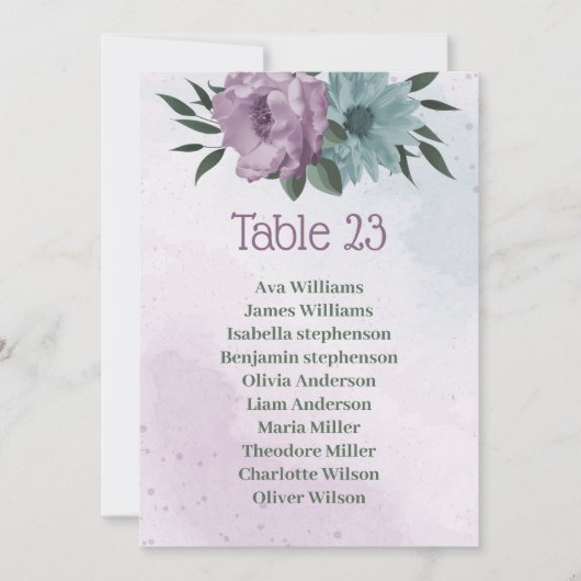 紫色の青い花の植物用座席表カード 招待状 (正面)