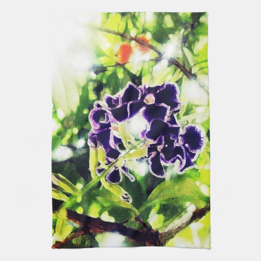 紫色の青い花は油絵に似ている キッチンタオル (縦)