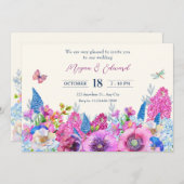 紫色の青い花開花春の結婚式 招待状 (正面/裏面)