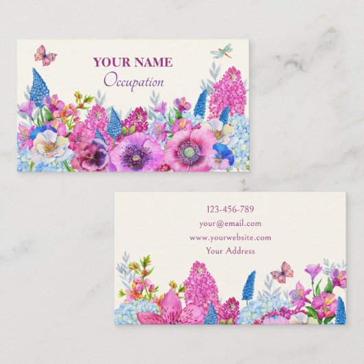 紫色の青い花開花春 名刺 (正面/裏面)