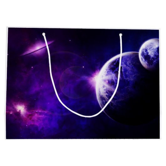 紫色の青い調子の宇宙の銀河系の惑星の星 ラージペーパーバッグ (裏面)