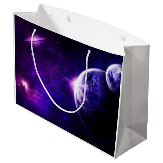 紫色の青い調子の宇宙の銀河系の惑星の星 ラージペーパーバッグ (裏面アングル)