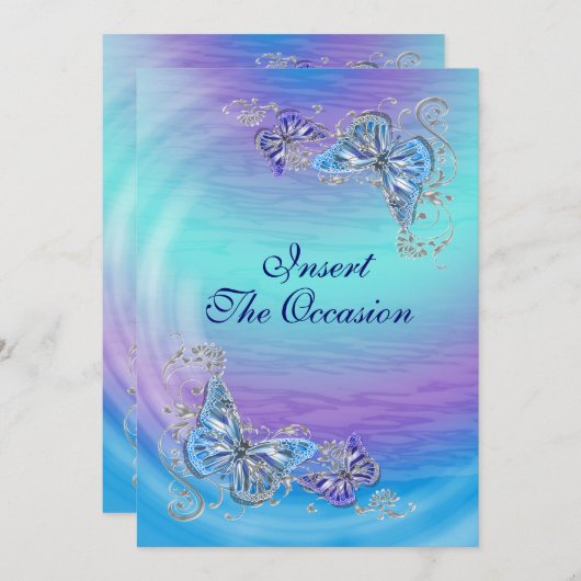 紫色の青いrsvp誕生日婚約結婚ズ 招待状 (正面/裏面)