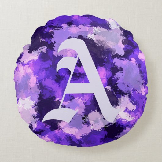 紫色の青とクール抽象芸術の図形（大きい文字） ラウンドクッション (正面)