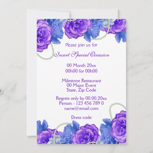 紫色の青のバラの誕生日の結婚式 招待状 (裏面)