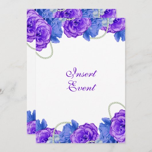 紫色の青のバラの誕生日の結婚式 招待状 (正面/裏面)