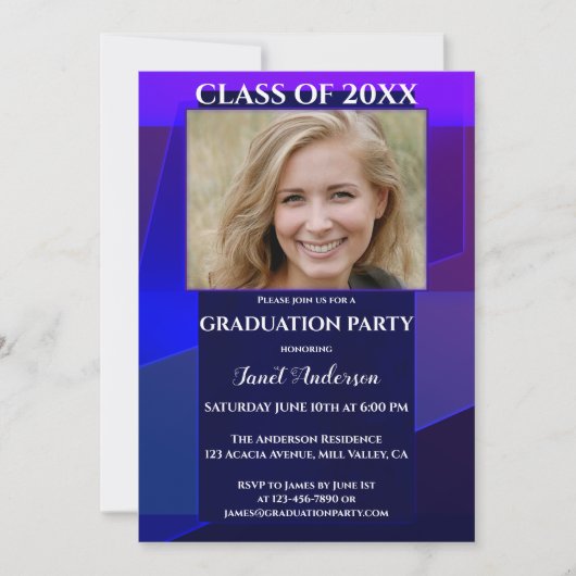紫色の青ネオン幾何写真卒業 招待状 (正面)