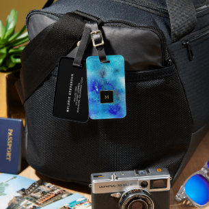 紫色の青色の水色（ばちゃばちゃ）跳ねる金ゴールドモノグラム ラゲッジタグ