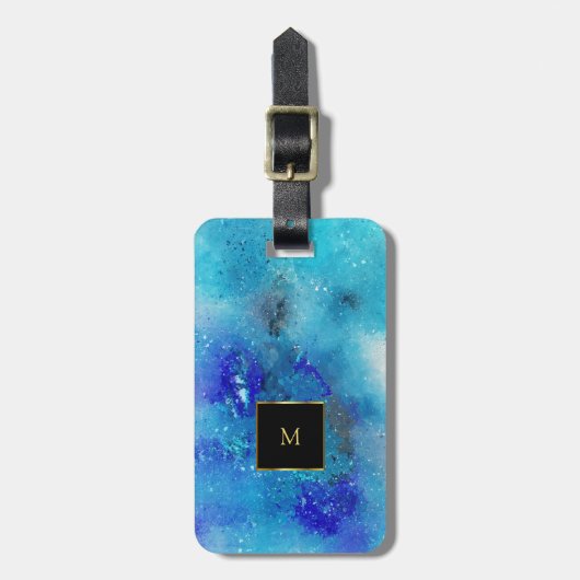 紫色の青色の水色（ばちゃばちゃ）跳ねる金ゴールドモノグラム ラゲッジタグ (正面縦)