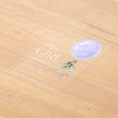 紫色の風船，ユーカリ，緑，赤ちゃんシャワー アクリル招待状 (レイダウン)