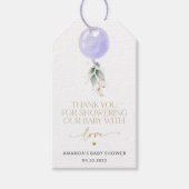 紫色の風船，ユーカリ，緑，赤ちゃんシャワー ギフトタグ (正面)