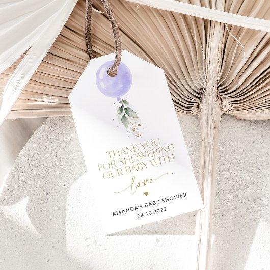 紫色の風船，ユーカリ，緑，赤ちゃんシャワー ギフトタグ