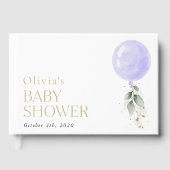 紫色の風船，ユーカリ，緑，赤ちゃんシャワー ゲストブック (正面)