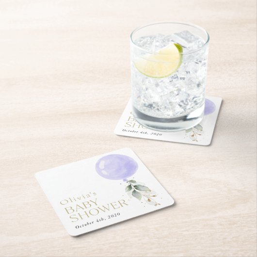 紫色の風船，ユーカリ，緑，赤ちゃんシャワー スクエアペーパーコースター (インサイチュ)