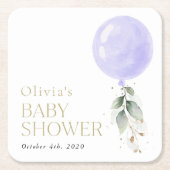 紫色の風船,ユーカリ,緑,赤ちゃんシャワー スクエアペーパーコースター (正面)