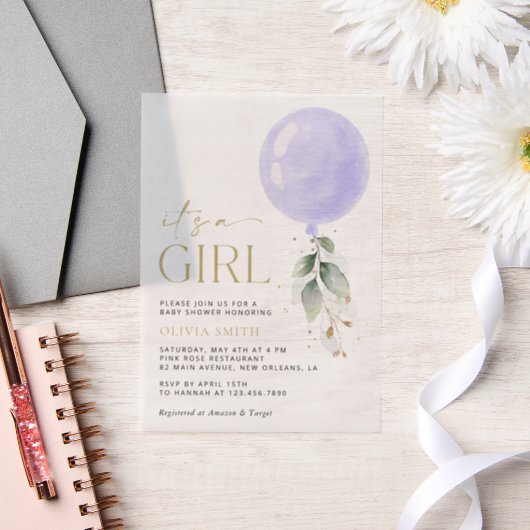 紫色の風船,ユーカリ,緑,赤ちゃんシャワー ベラム紙招待状 (ウェディング)