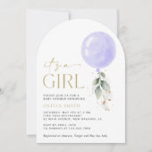 紫色の風船，ユーカリ，緑，赤ちゃんシャワー 招待状 (正面)
