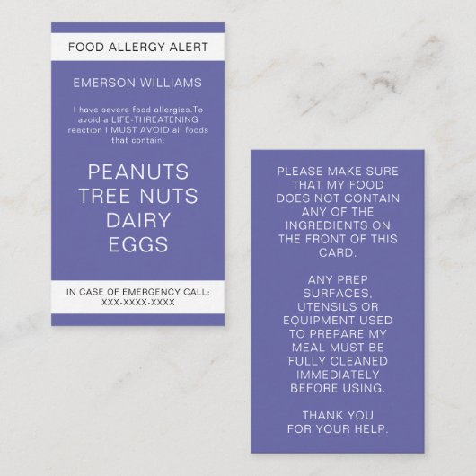 紫色の食物アレルギー警告シェフパーソナライズされたカード 名刺 (正面/裏面)