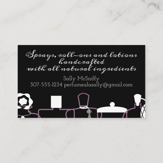 紫色の香水瓶のにおいのローションの名刺 名刺 (裏面)