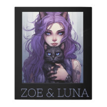 紫色の髪と猫を持つかわいいアニメの少女